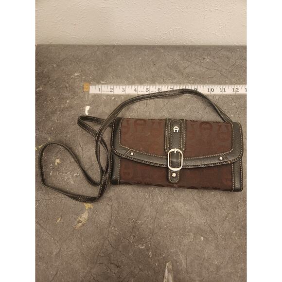 Etienne Aigner Bag Women's Brown Monogram Wallet Clutch Crossbody Leather Bag‎ - Picture 1 of 6